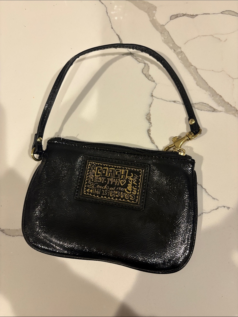 Coach Black Patent Leather Wristlet with Gold Plate